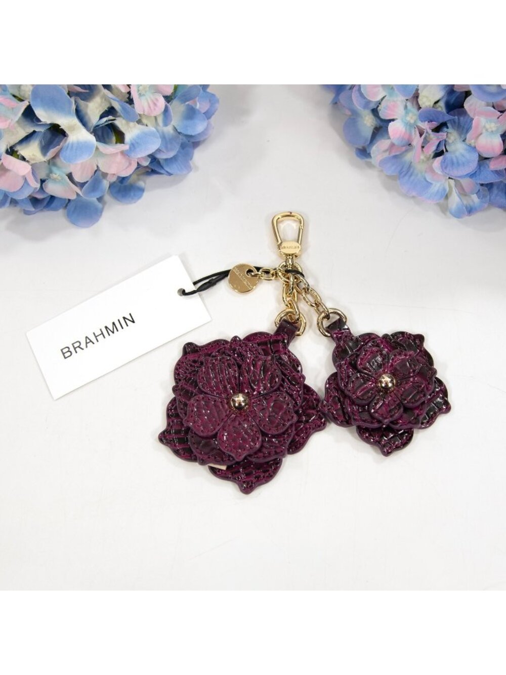Brahmin Sugar Plum Melbourne Leather Double Flower Tassel Bag Charm Keychain NWT